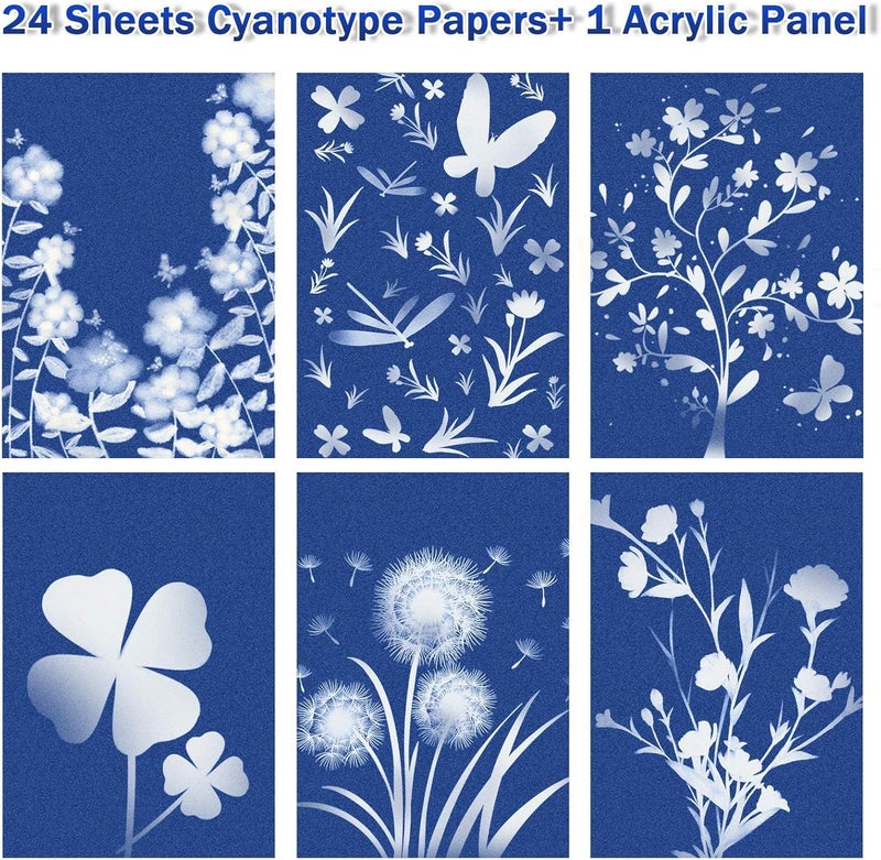 LIGHOON Sun Print Paper Kit Cyanotype Paper, 24 Sheets Cyanotype Papers with 1 Sheet Acrylic Panel, High Sensitive Nature Sun/Solar Activated Sun Printing Art Paper for Arts Crafts DIY Project - Image 3